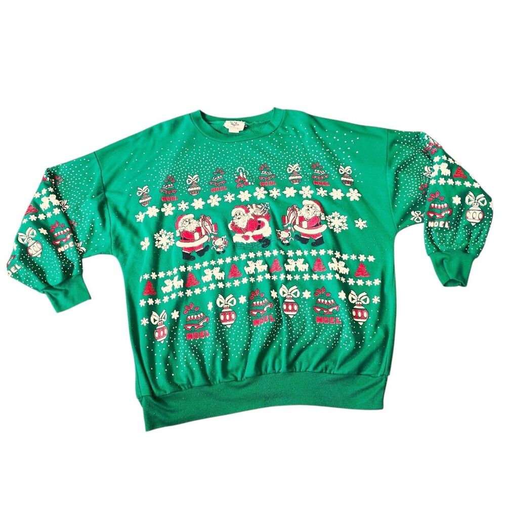Nutcracker LG Vtg 80's Santa Snowflakes Bubble Paint Green Christmas L/S Sweater